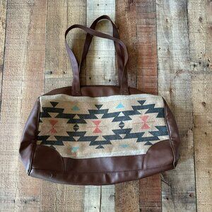 Vintage Style Southwestern Weekend Tote Bag With Brown Faux Leather & Aztec Prin